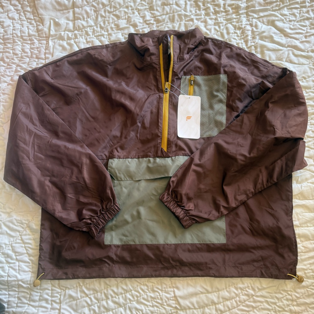 Fabletics Brown and Olive Windbreaker with Yellow Zipper